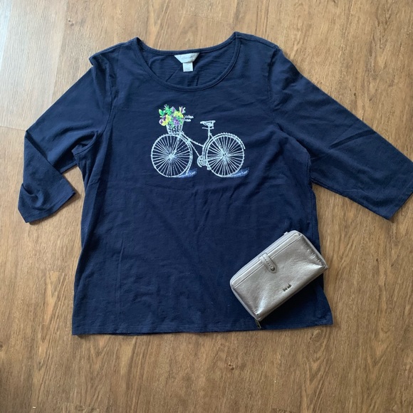 CJ Banks Tops - CJ Banks blue 3/4 sleeve top with bicycle graphic